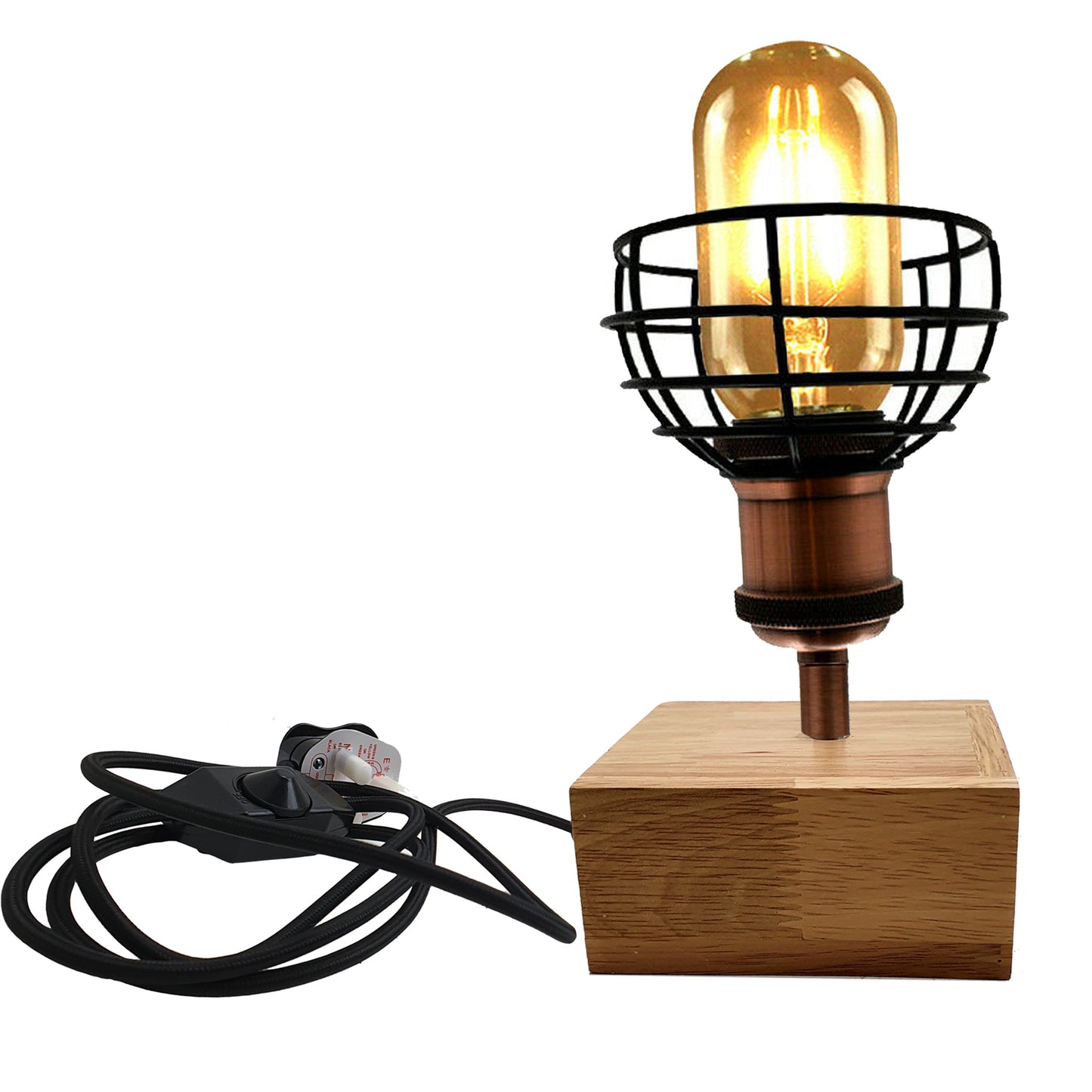 Wooden Base Table Lamp Vintage Filament Light Bulb Bedside Plug in Retro Light~2459-4