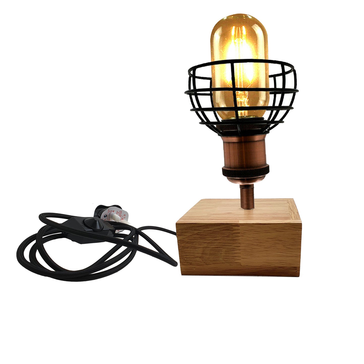 Wooden Base Table Lamp Vintage Filament Light Bulb Bedside Plug in Retro Light~2459-3