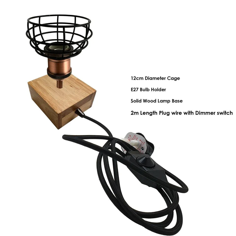 Wooden Base Table Lamp Vintage Filament Light Bulb Bedside Plug in Retro Light~2459-1